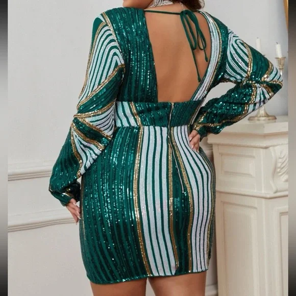 Luxe plus size plunging V neckline prom party formal evening sequins dress